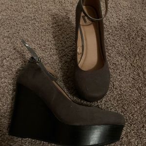 Grey ankle strap wedges